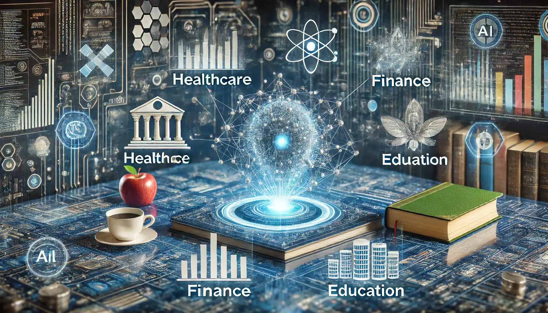 A digital representation of AI interacting with different industries such as healthcare, finance, and education through holographic projections.