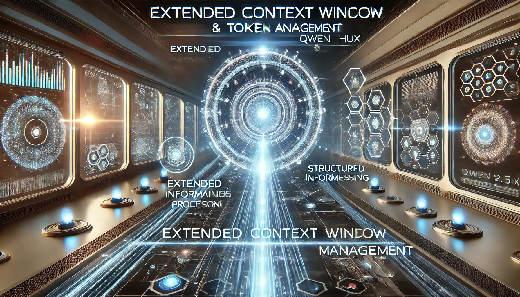 A futuristic AI interface featuring a glowing digital timeline with structured data nodes, symbolizing extended context window and token management.