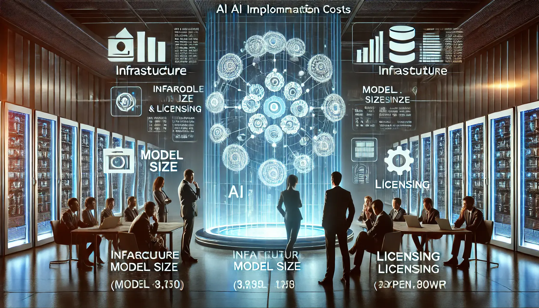 A futuristic business environment where professionals analyze a holographic financial dashboard displaying AI implementation cost factors.