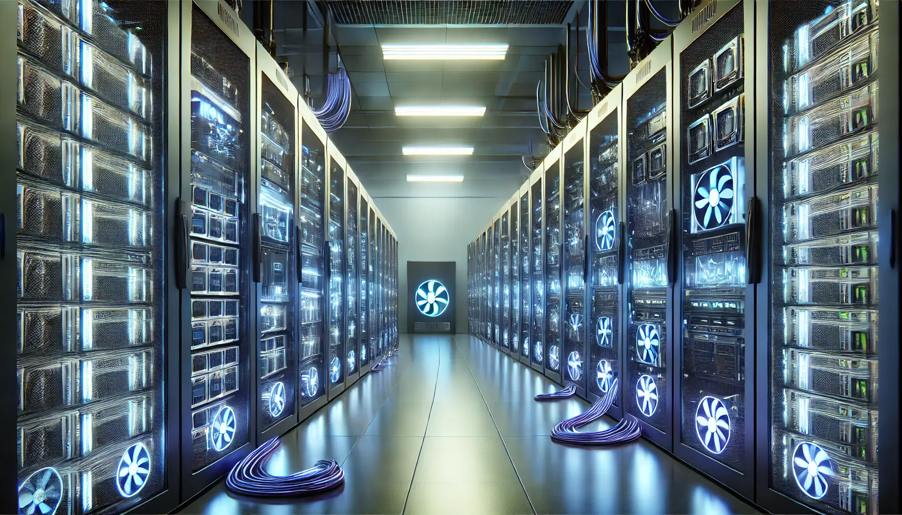 A futuristic server room filled with high-performance servers, GPUs, and TPUs, emphasizing AI deployment infrastructure.