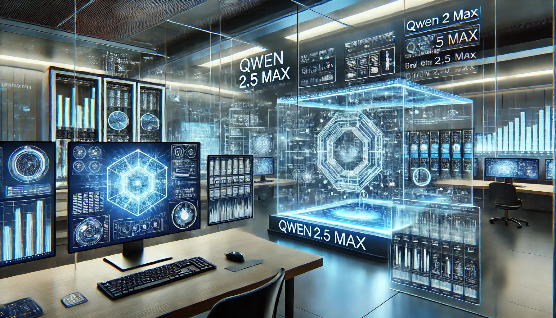 A high-tech digital workspace showing the integration of Qwen 2.5 Max into predictive analytics workflows with data pipelines and AI models.