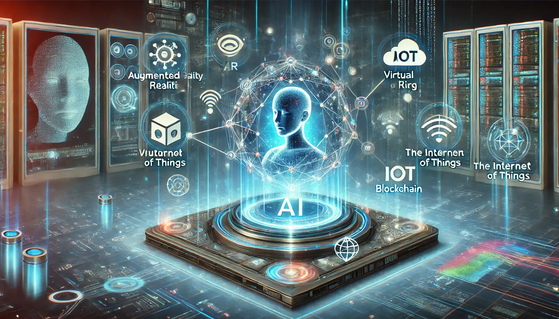 A digital representation of AI interacting with augmented reality (AR), virtual reality (VR), IoT, and blockchain technologies.