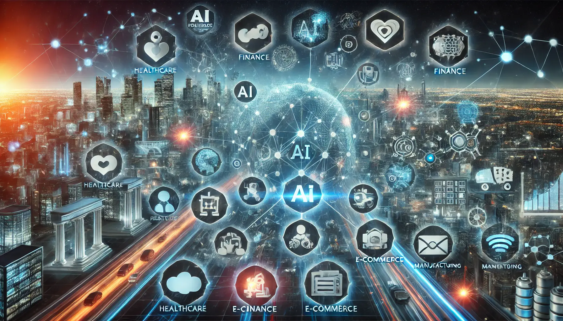 A futuristic scene of AI integration with various industries like healthcare, finance, e-commerce, and manufacturing.