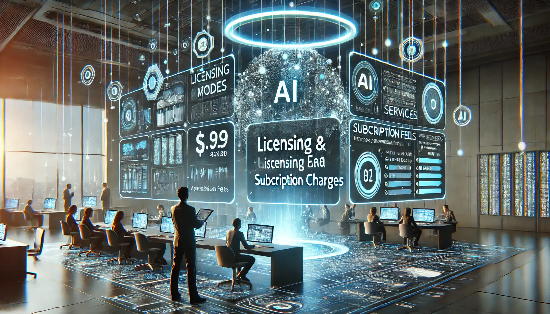 A futuristic interface showcasing pricing models, licensing fees, and subscription charges for AI services.