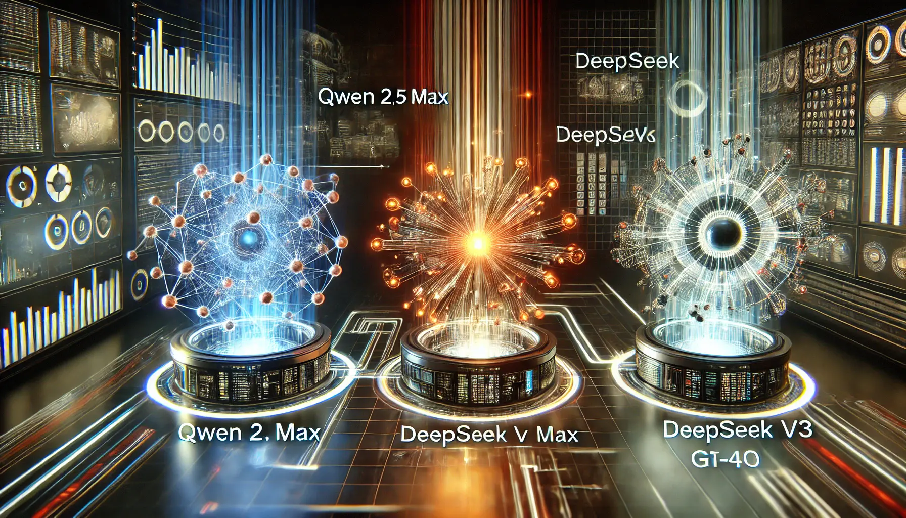 A digital representation of three AI models—Qwen 2.5 Max, DeepSeek V3, and GPT-4o—linked by data streams for comparative analysis.