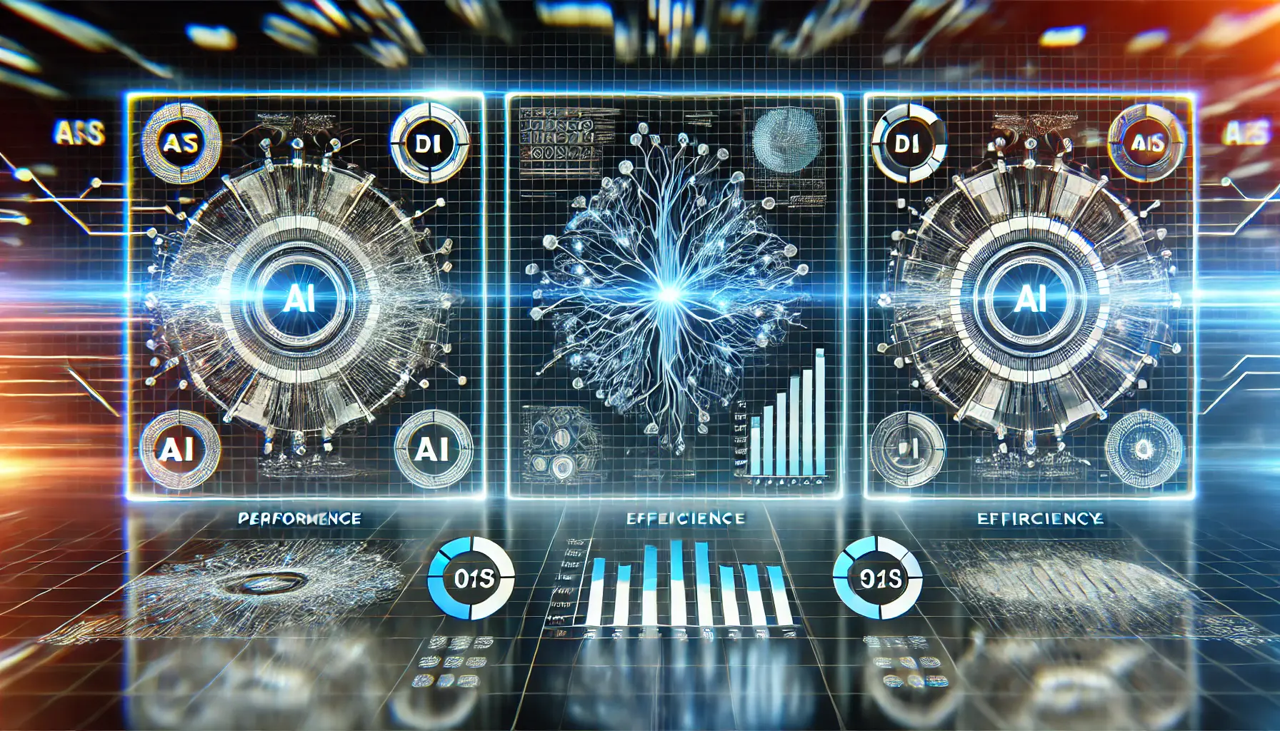 A high-tech representation of multiple AI models being compared side-by-side with performance metrics and efficiency indicators.