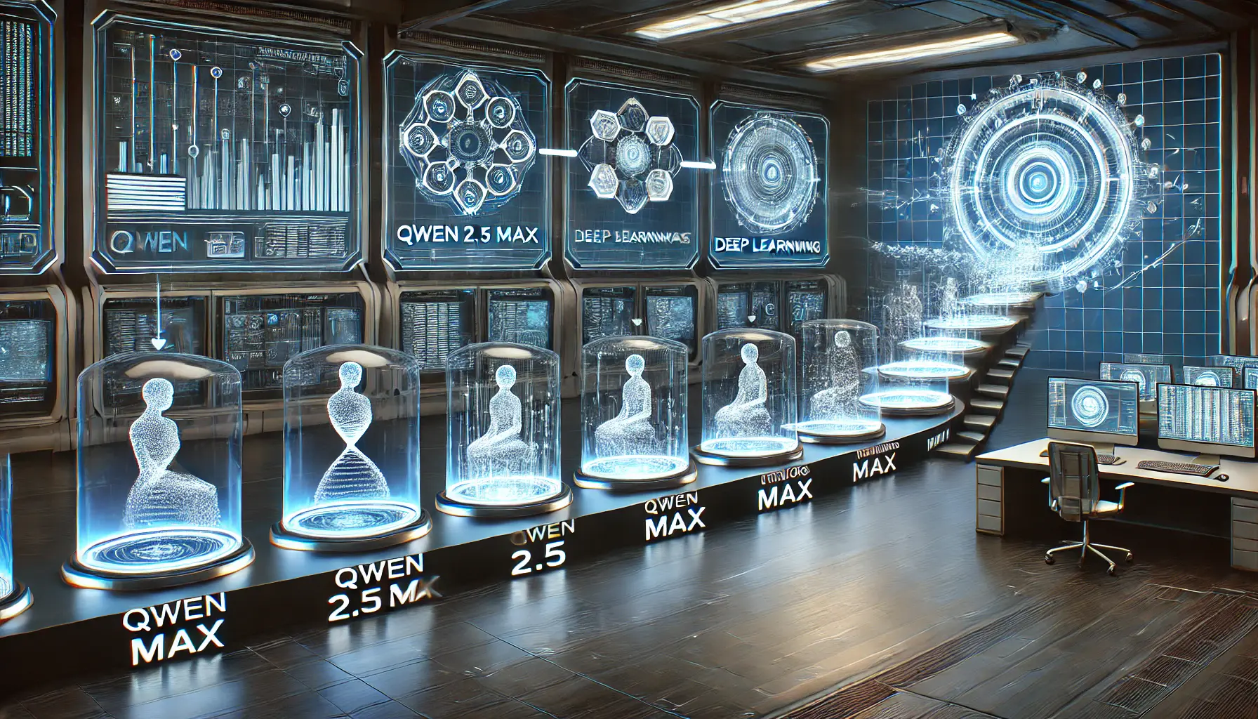 A futuristic laboratory displaying the progression of AI models with holographic interfaces showcasing different Qwen versions leading to Qwen 2.5 Max.