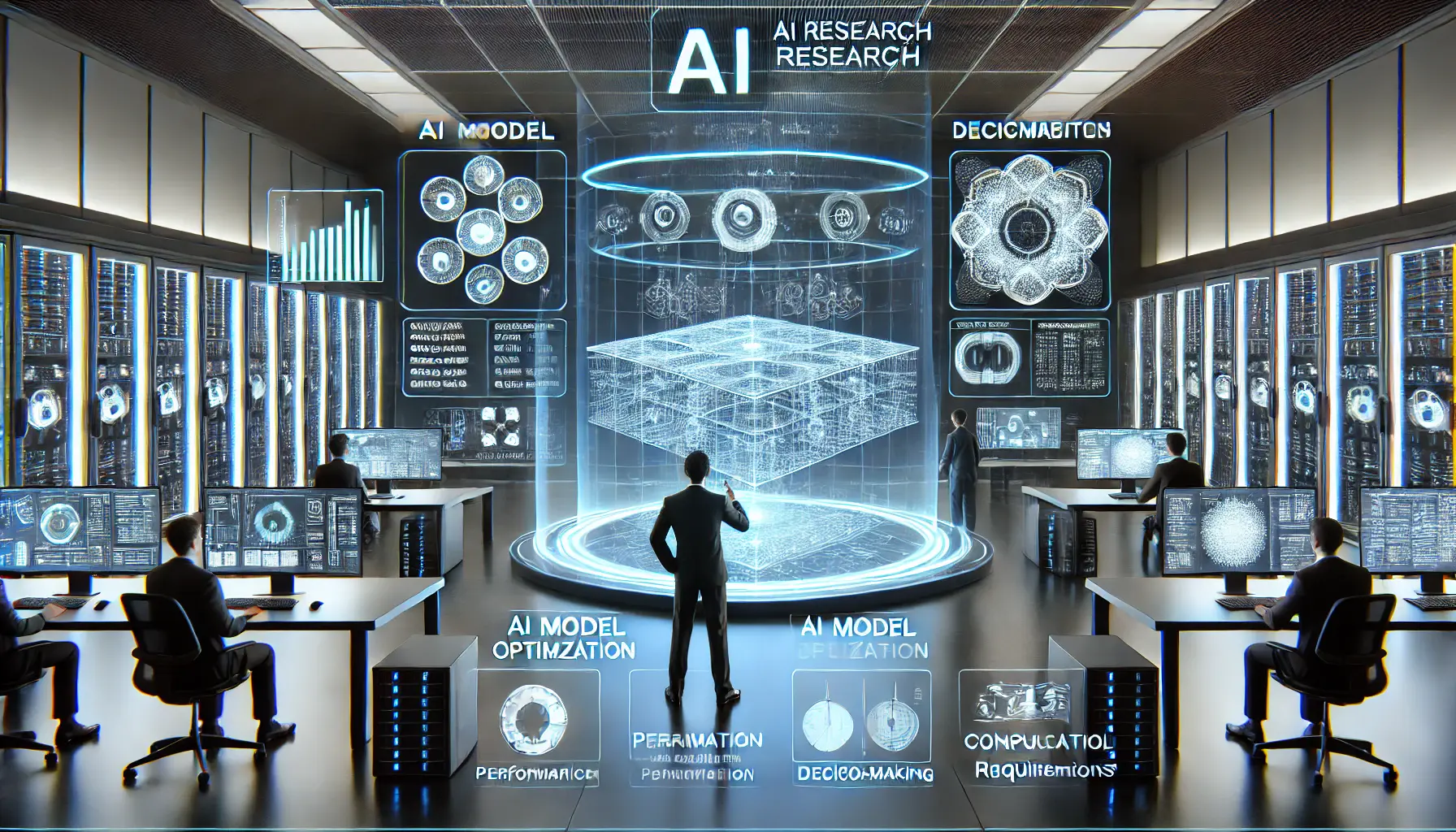 A futuristic AI research lab with holographic displays showing different AI model variations and parameter sizes.