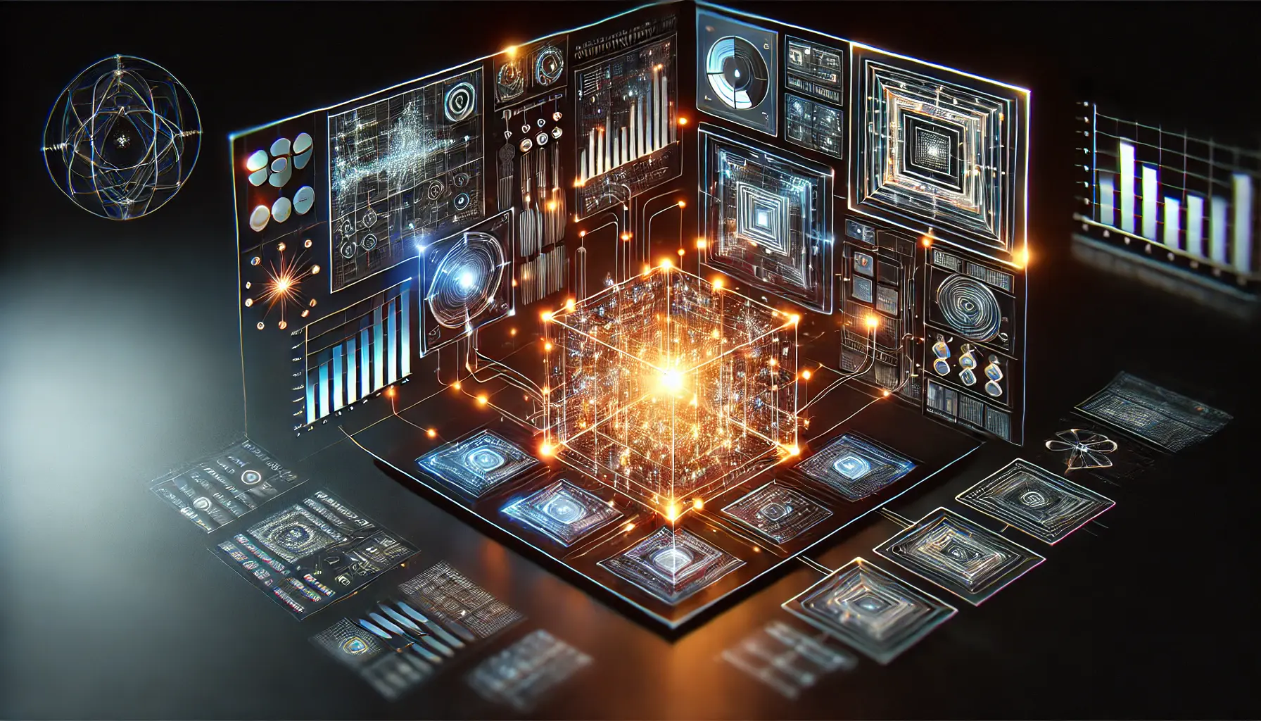 A digital representation of different model sizes and parameters for AI systems, with interconnected glowing abstract modules of varying sizes.