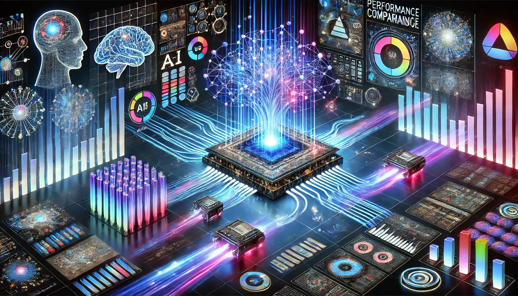 A futuristic AI benchmarking scene illustrating the performance comparison between different AI models. Multiple interconnected neural networks process tasks and send data towards a comparison grid, symbolizing evaluation metrics like speed, accuracy, and energy efficiency.