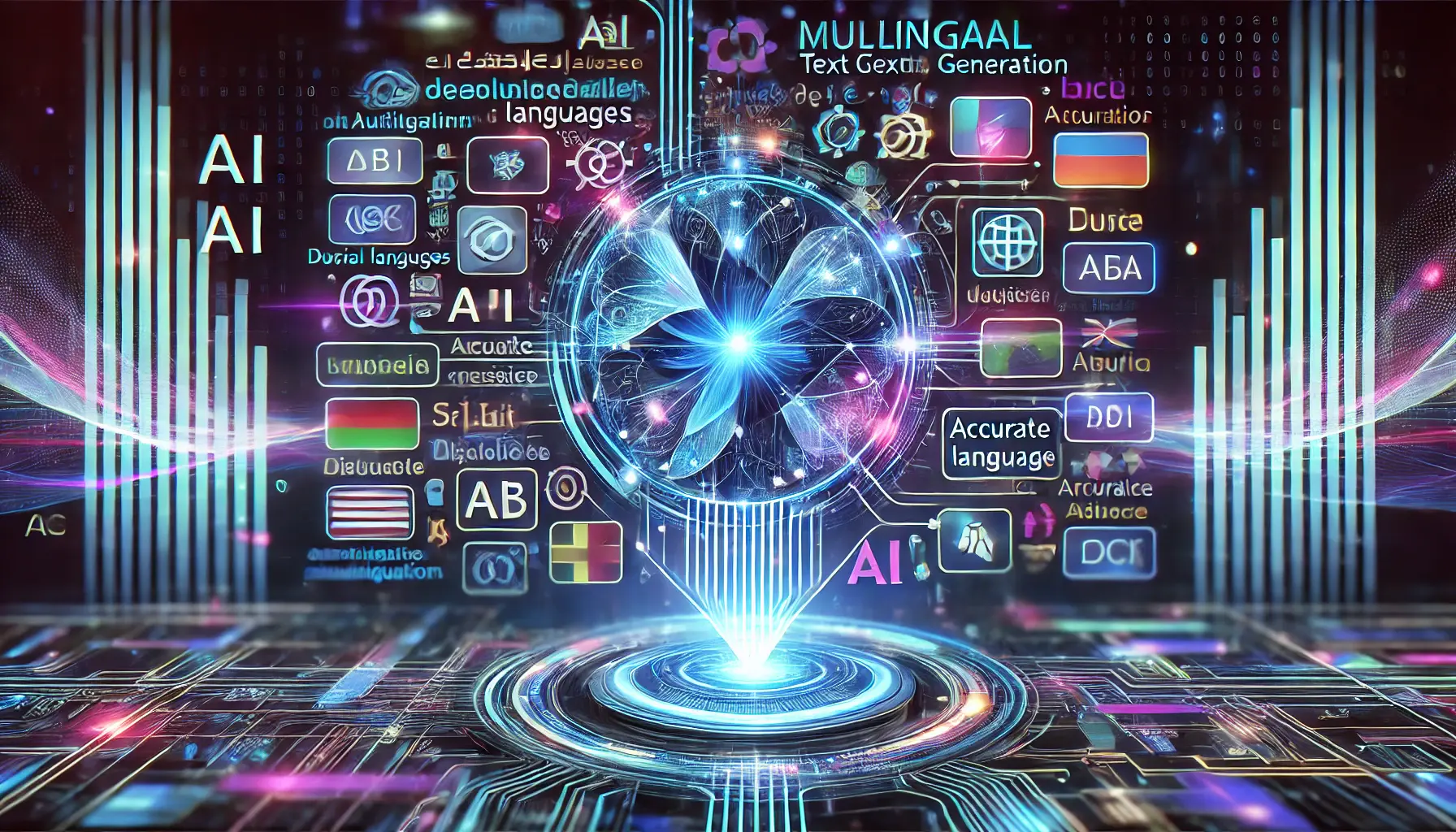 A futuristic AI system processing and generating text in multiple languages. Glowing data streams representing different languages converge into a central AI core, symbolizing the synthesis and generation of accurate multilingual text.