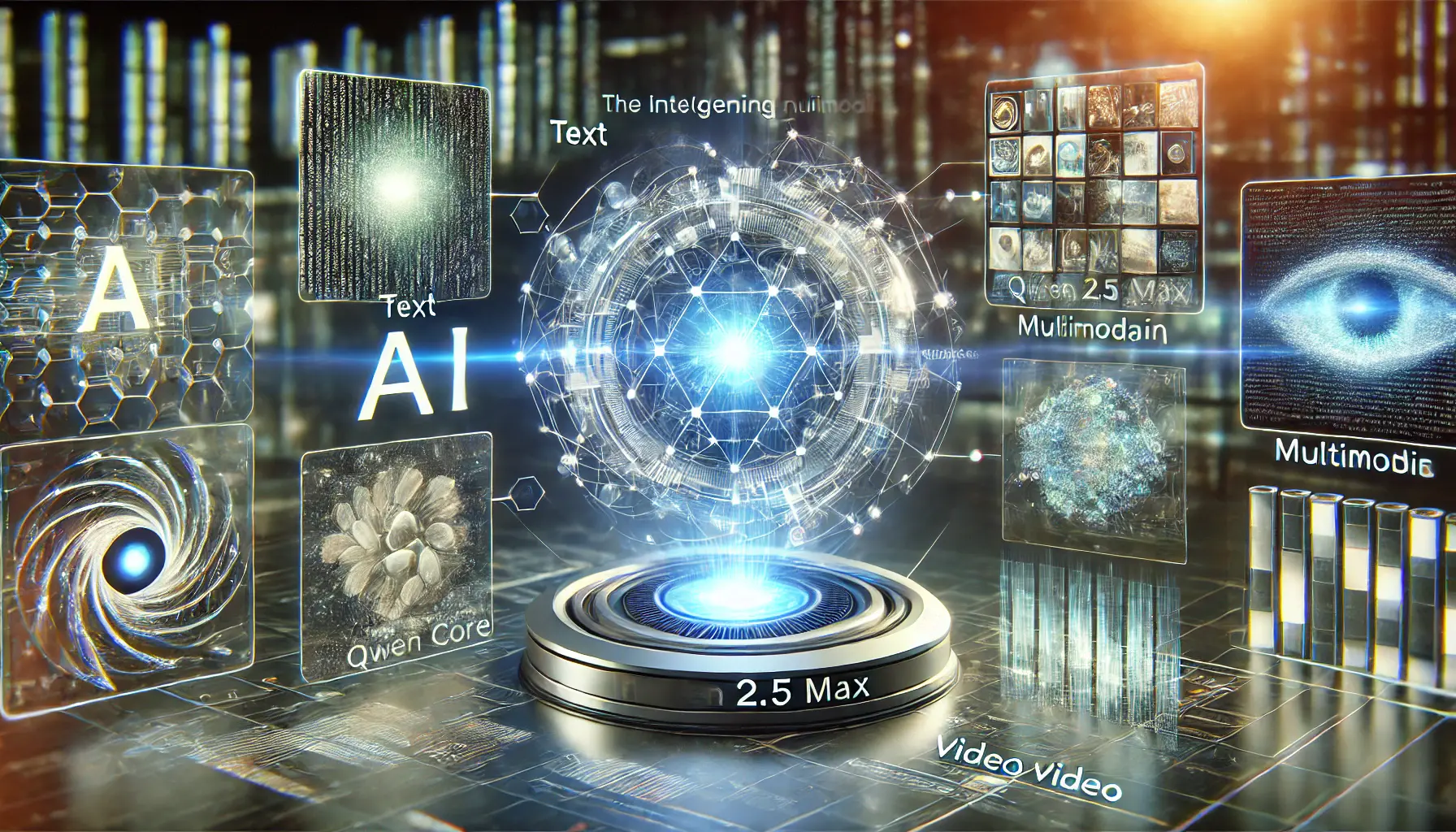 A futuristic AI interface displaying holographic panels for text generation, image rendering, and video processing, all interconnected by a glowing AI core.