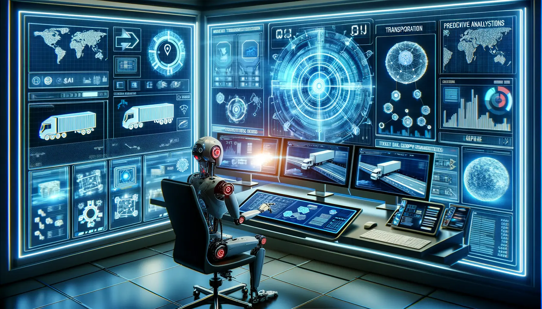 A futuristic logistics control room powered by AI, displaying real-time supply chain data, transportation routes, and predictive analytics.