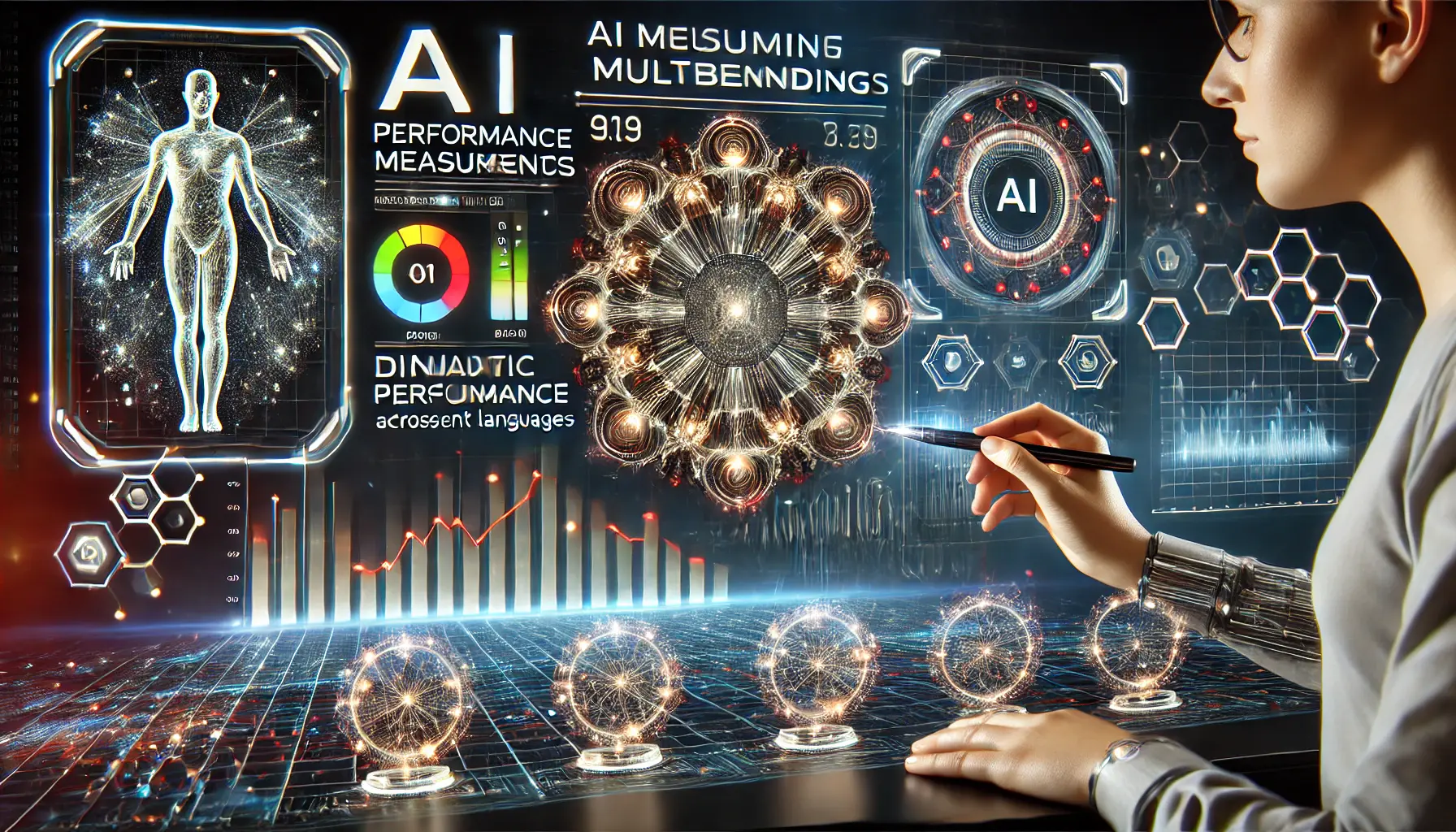 A high-tech representation of AI performance measurements with dynamic graphs and digital meters evaluating multilingual capabilities.