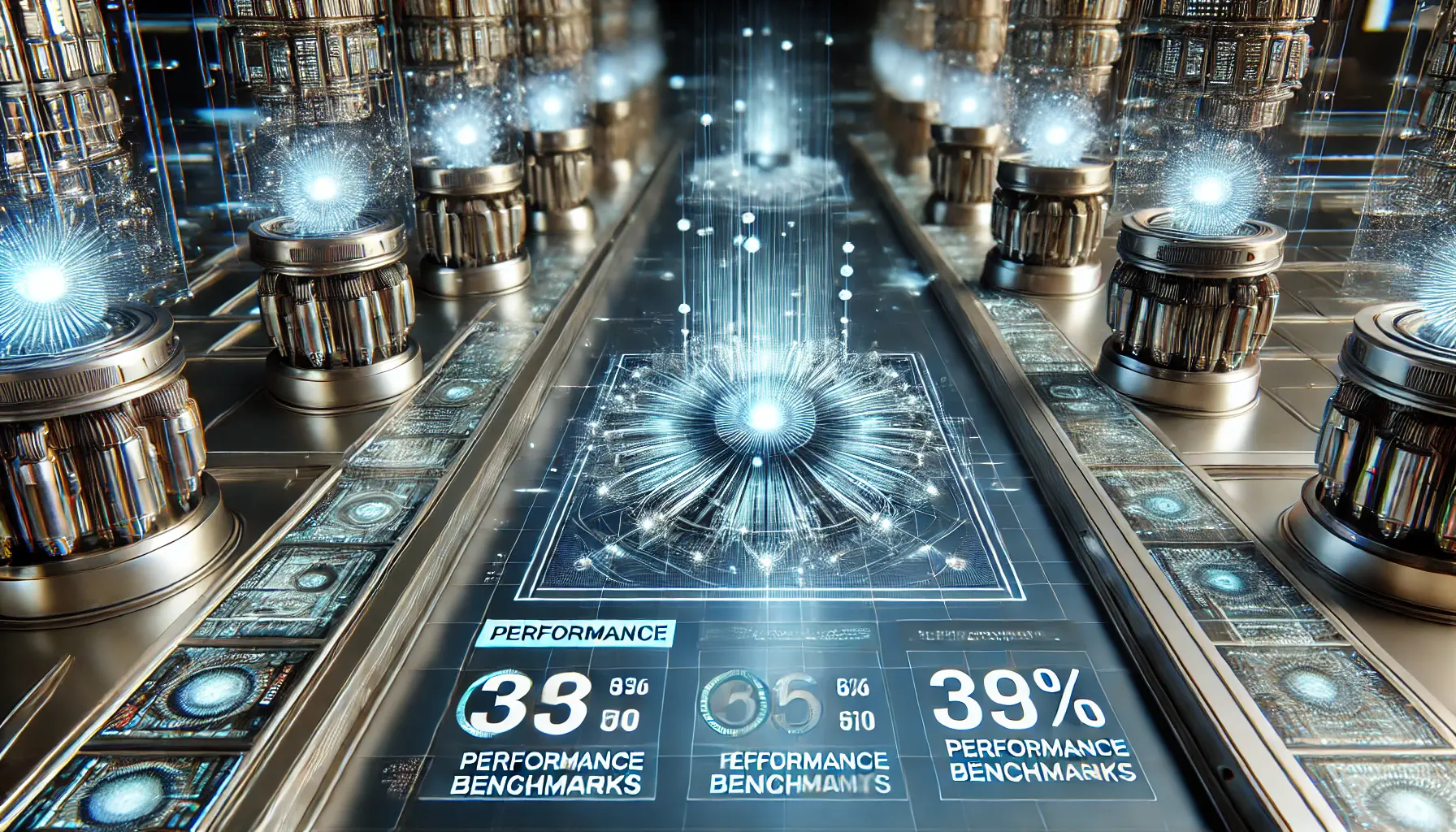 A digital representation of multiple advanced AI systems being compared, each displaying performance metrics like speed and efficiency.