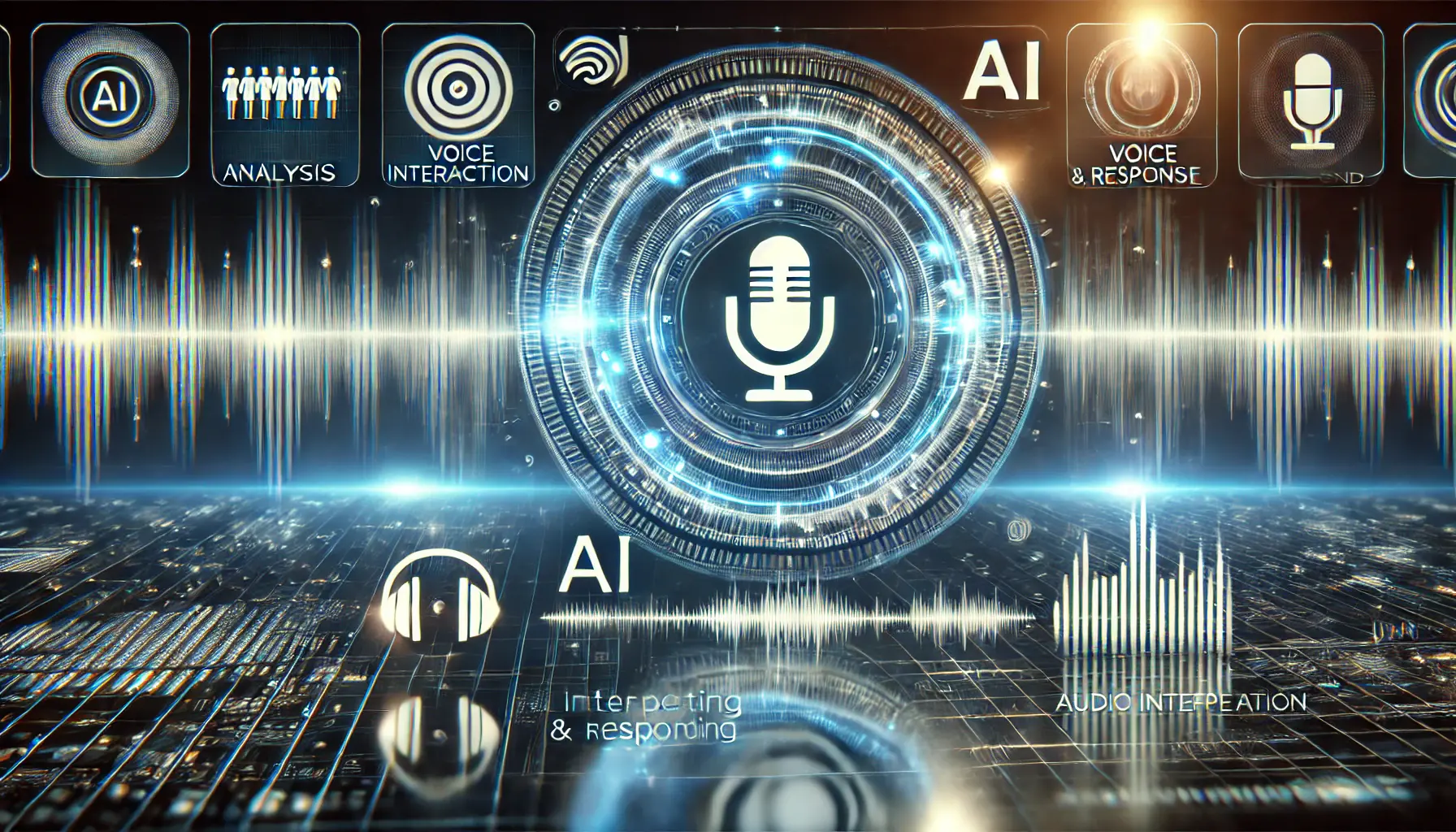 A futuristic AI system interpreting and responding to audio signals with soundwave patterns and voice interaction icons.