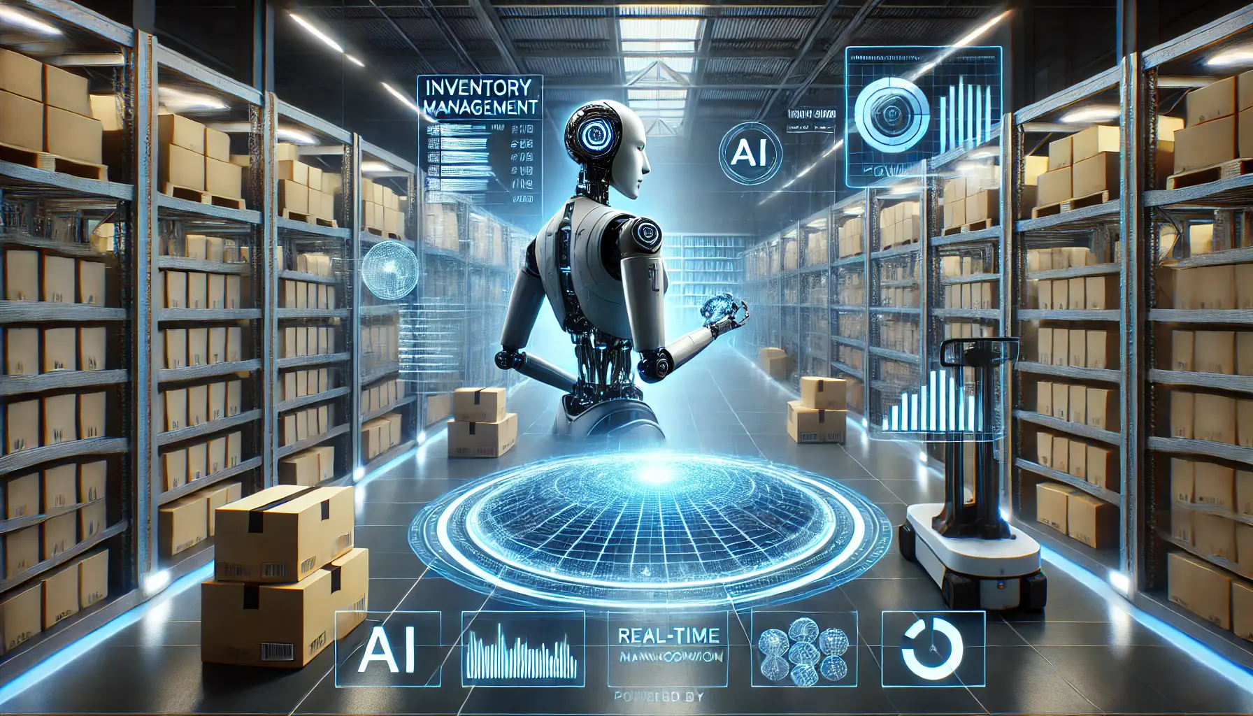 A high-tech warehouse with robotic systems organizing and tracking stock levels, supported by AI-driven real-time inventory monitoring.