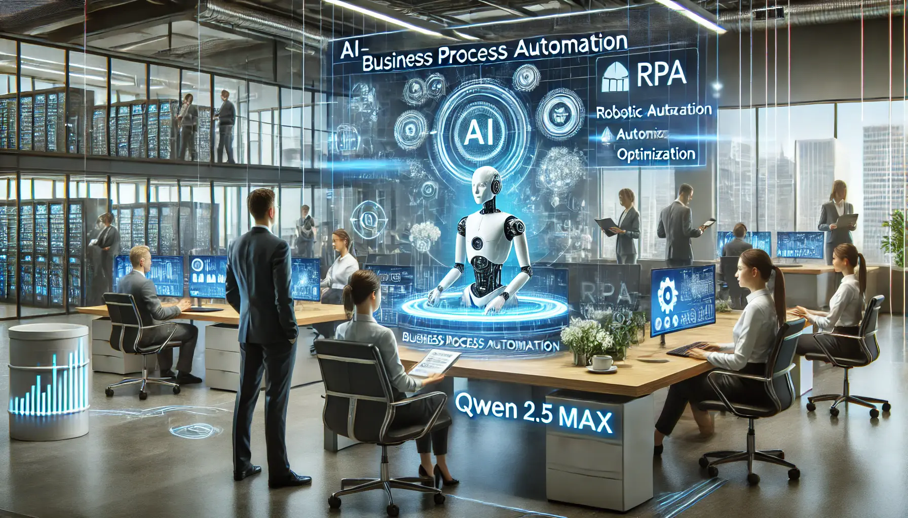 A modern corporate office utilizing AI-powered automation with employees interacting with digital assistants and holographic dashboards displaying workflow metrics.