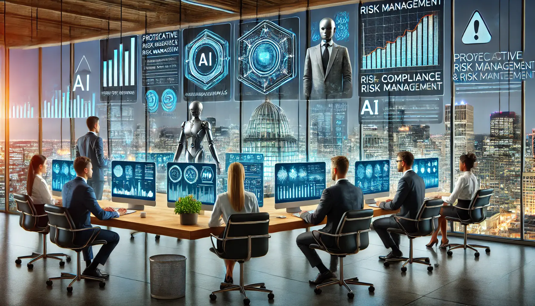 A corporate office where AI tools monitor compliance and manage risk by analyzing regulatory data and detecting anomalies.