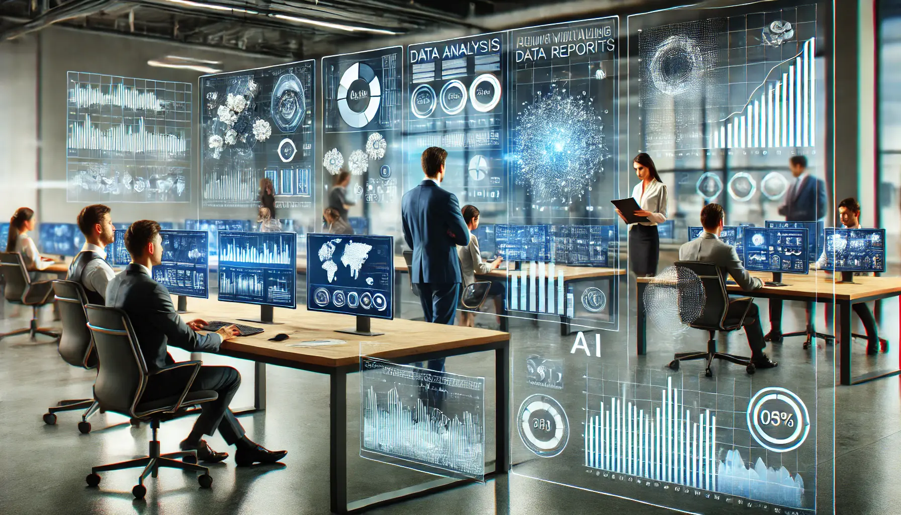 A modern office with professionals using AI tools to analyze data, generate reports, and visualize trends through holographic displays.