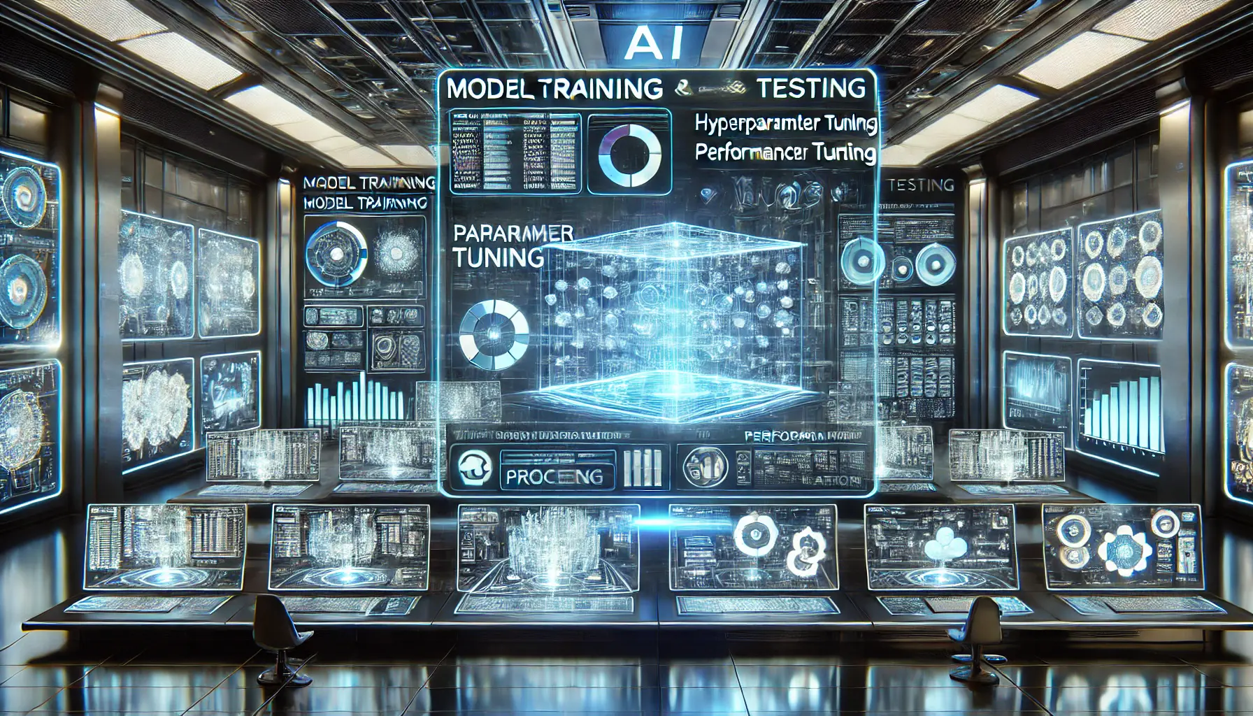 A futuristic AI control room showing machine learning model training, hyperparameter tuning, and performance evaluation metrics with holographic screens.