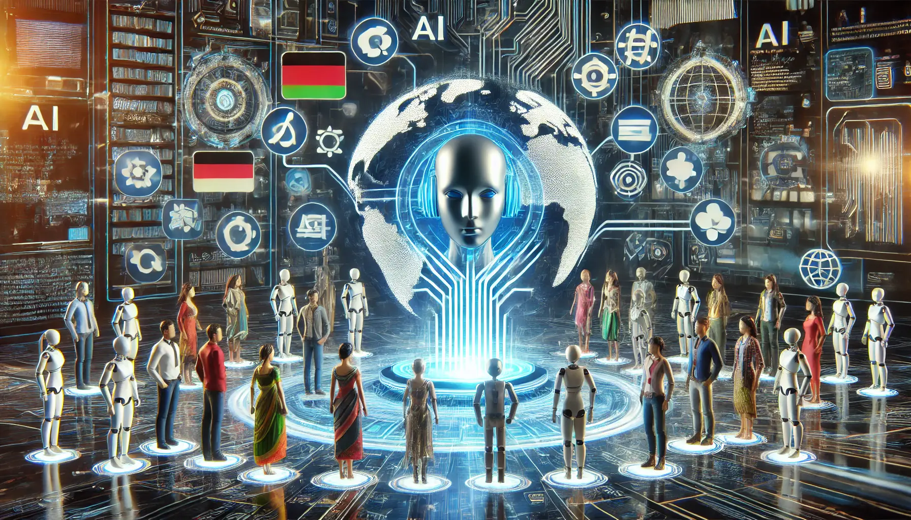 A digital representation of AI processing multiple languages, with holographic interfaces and diverse human figures interacting with the AI.