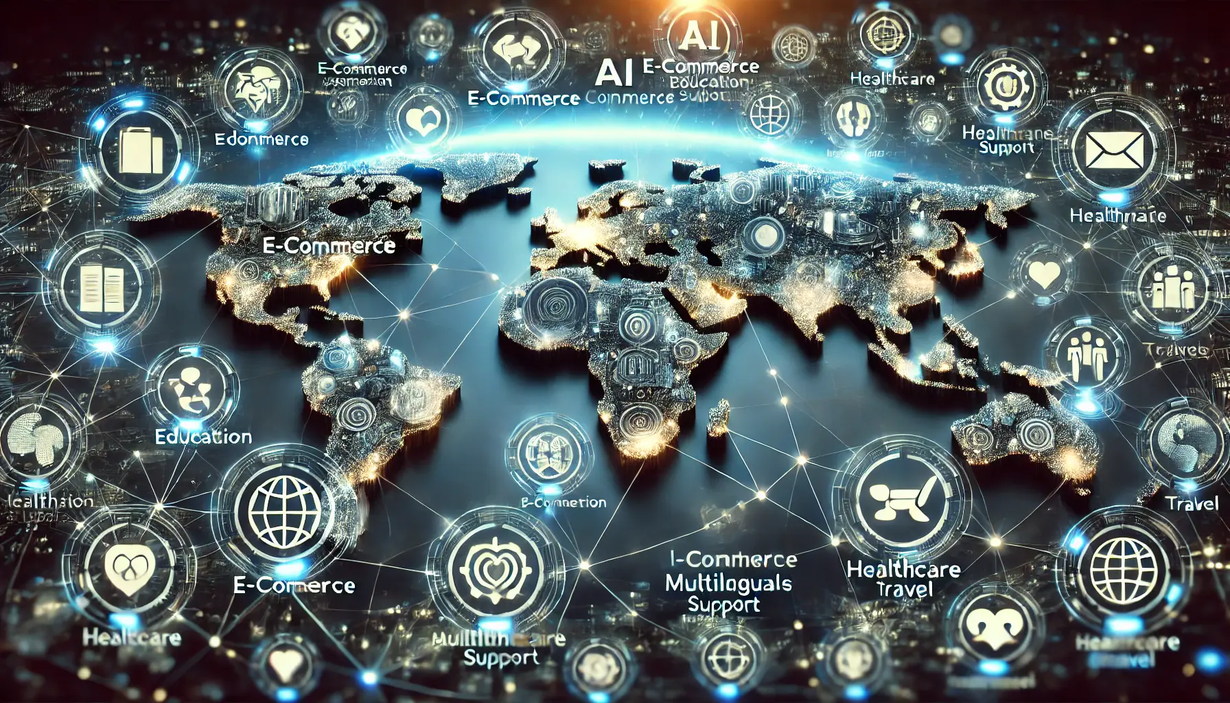 A futuristic global map with interconnected AI-powered hubs representing industries such as e-commerce, education, healthcare, and travel.