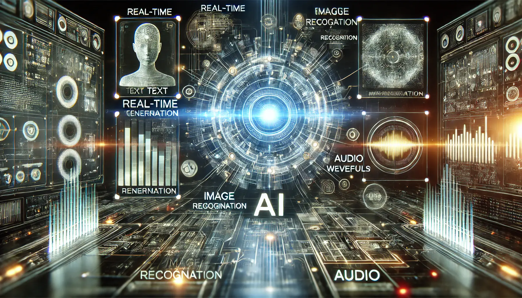 A futuristic AI interface seamlessly merging text, image, and audio processing with holographic displays showing real-time text generation, image recognition, and audio waveforms.