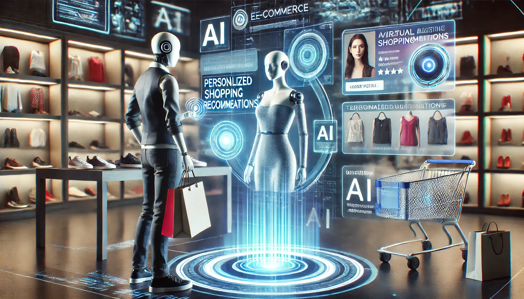 A futuristic digital shopping scene with an AI-powered virtual assistant providing personalized product recommendations through holographic displays.