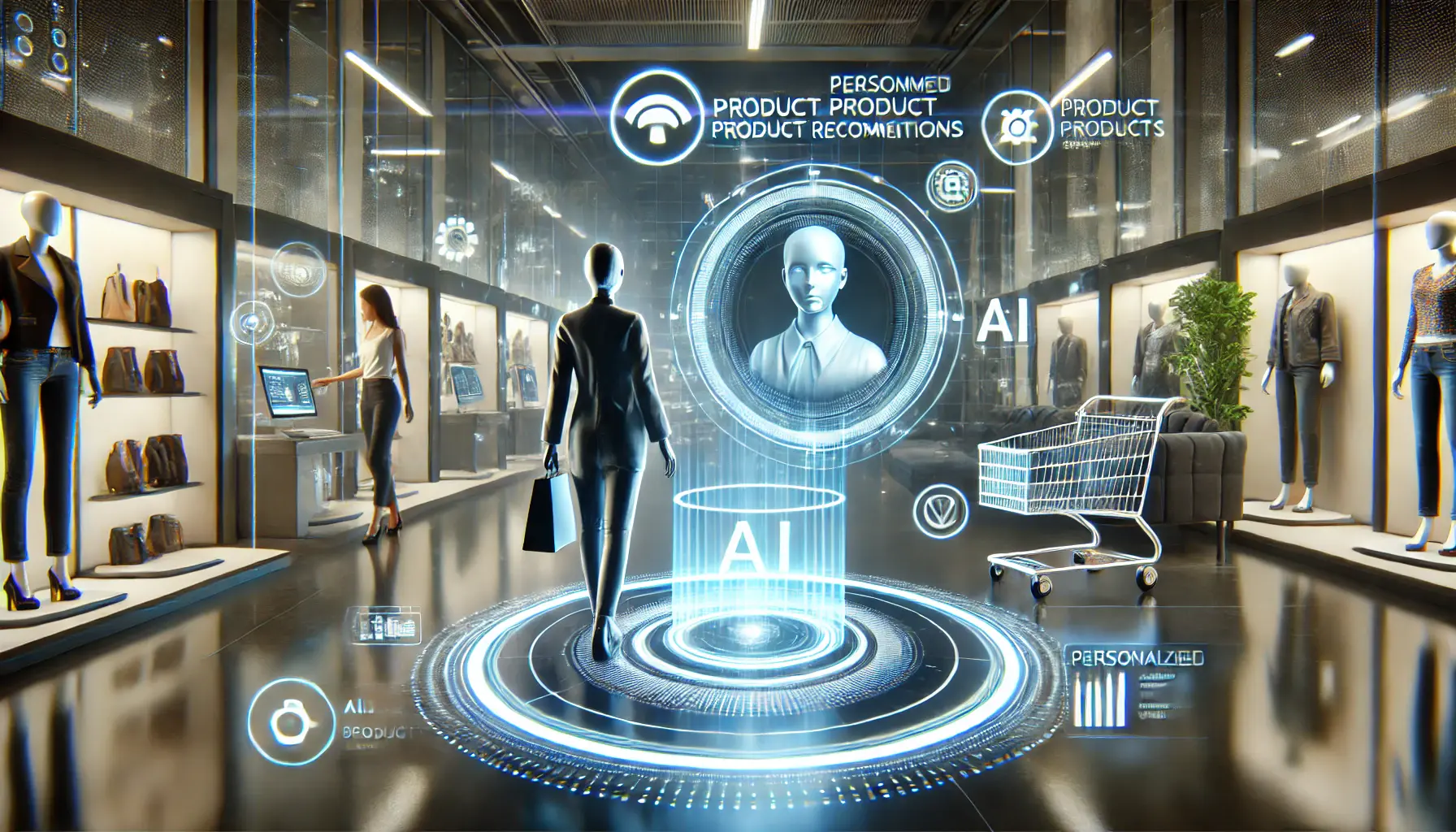 A futuristic online shopping scene where an AI virtual assistant provides personalized product suggestions through holographic displays.