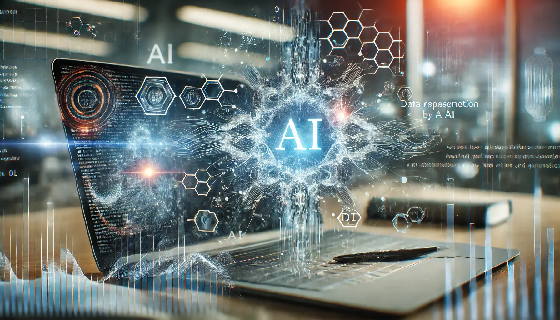 A futuristic digital workspace showcasing AI-powered text analysis and generation with abstract data flows and text structures in the air.