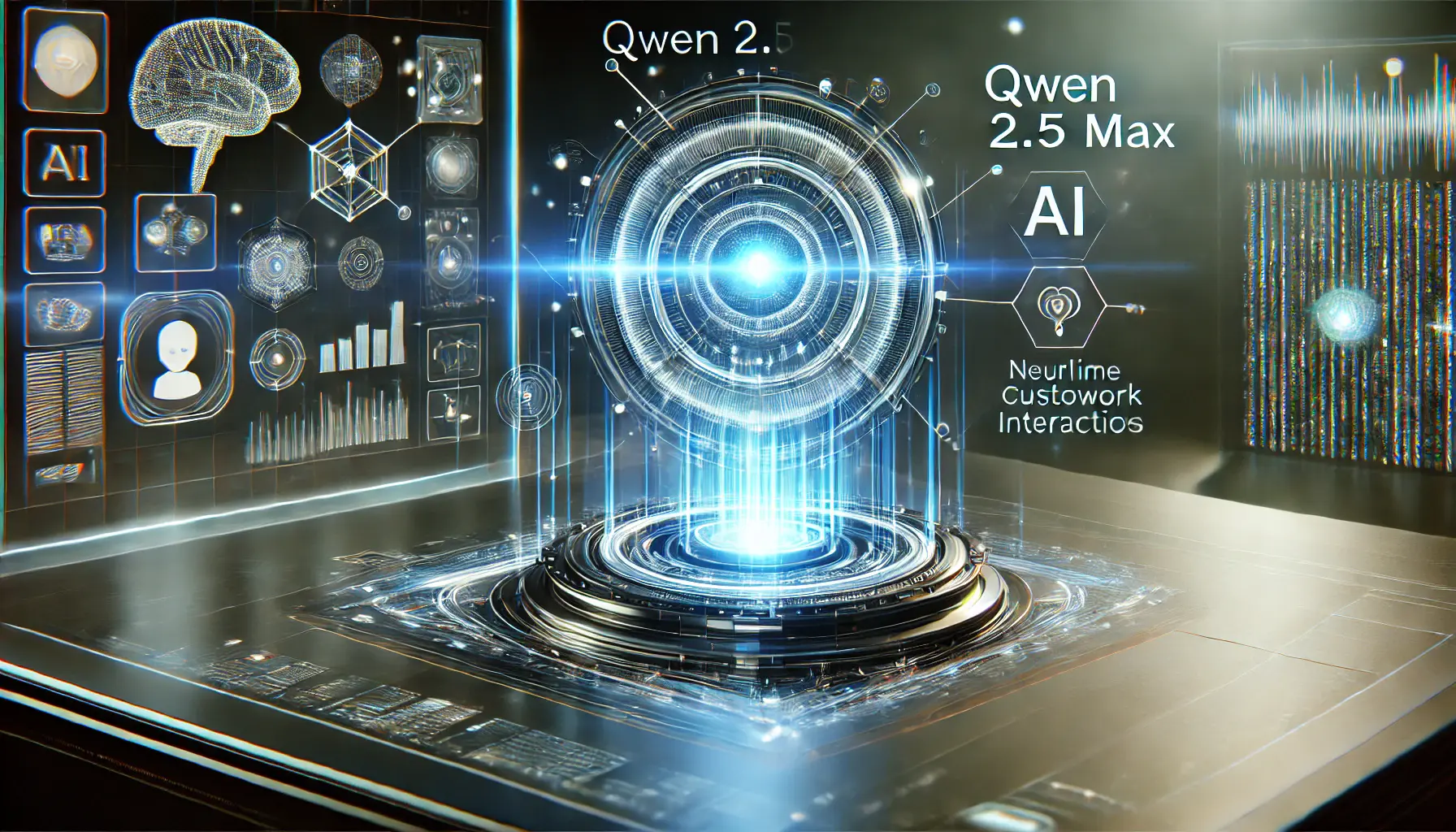 A futuristic AI model visualization featuring a sleek digital interface with interconnected data streams and neural network structures.