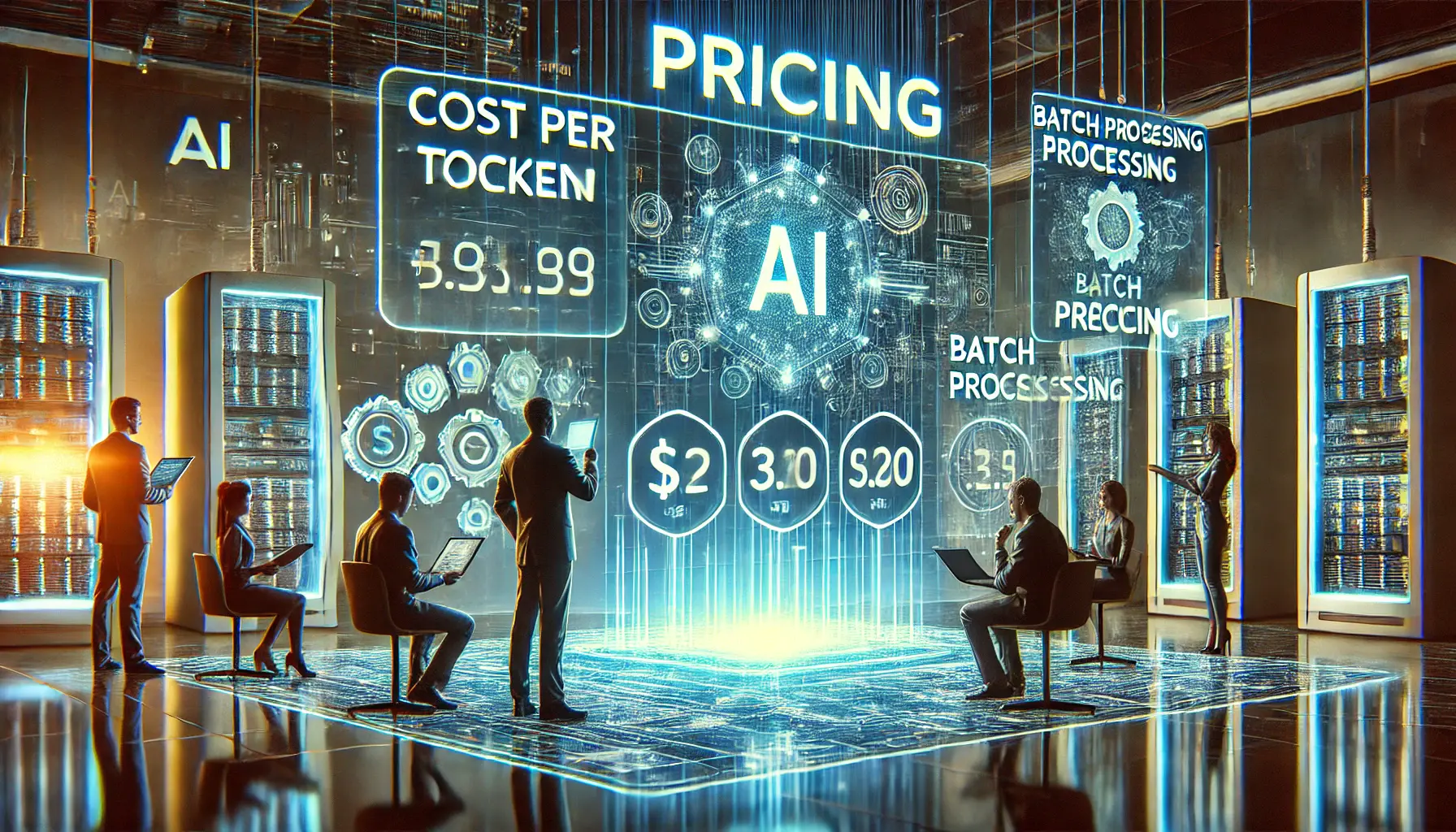 A high-tech business environment where professionals analyze AI service pricing models using a holographic dashboard.