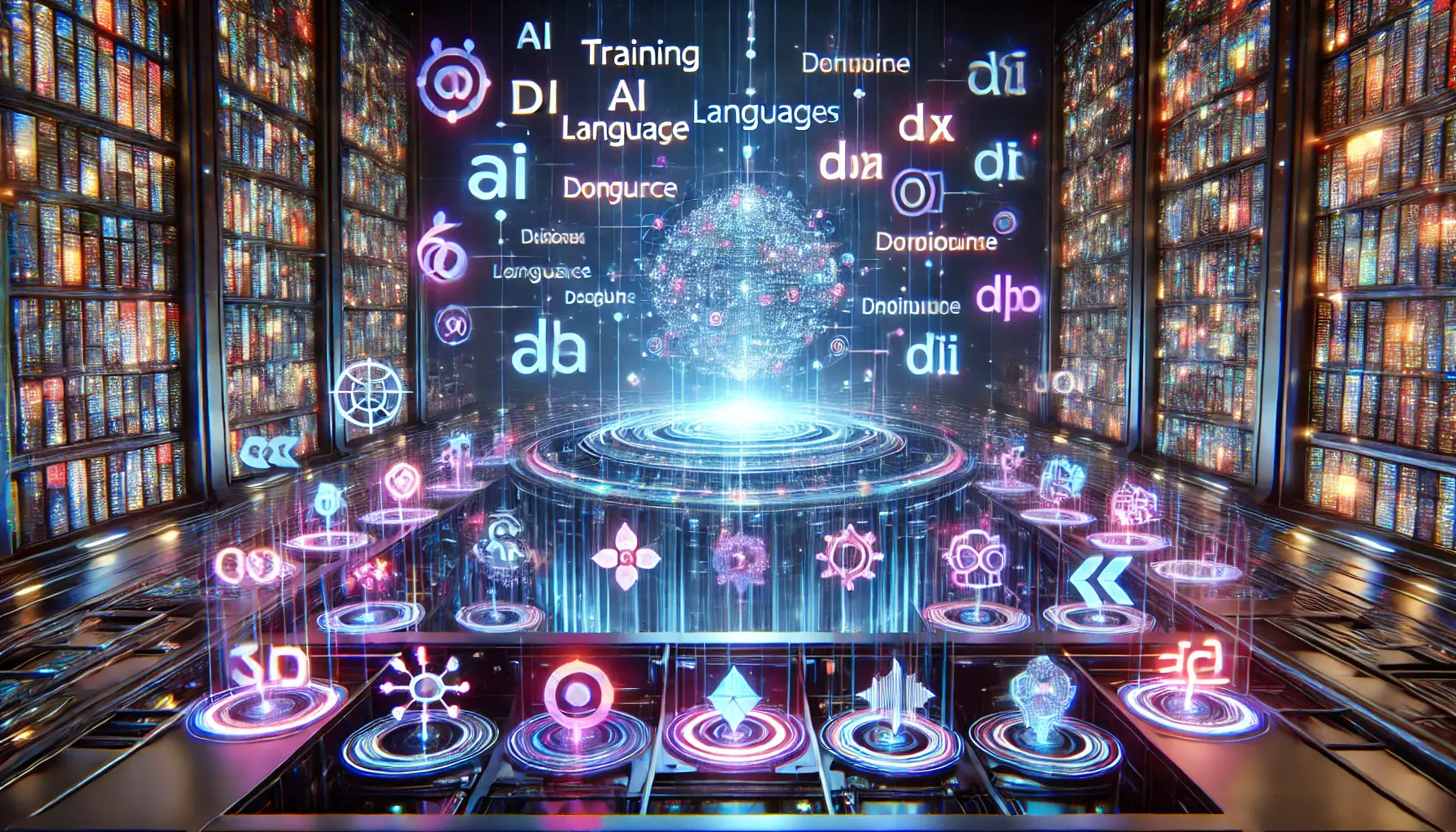 A futuristic AI system processing diverse language datasets, represented by glowing data streams in a vast digital library. Floating interconnected symbols depict multilingual text analysis, emphasizing advanced machine learning.