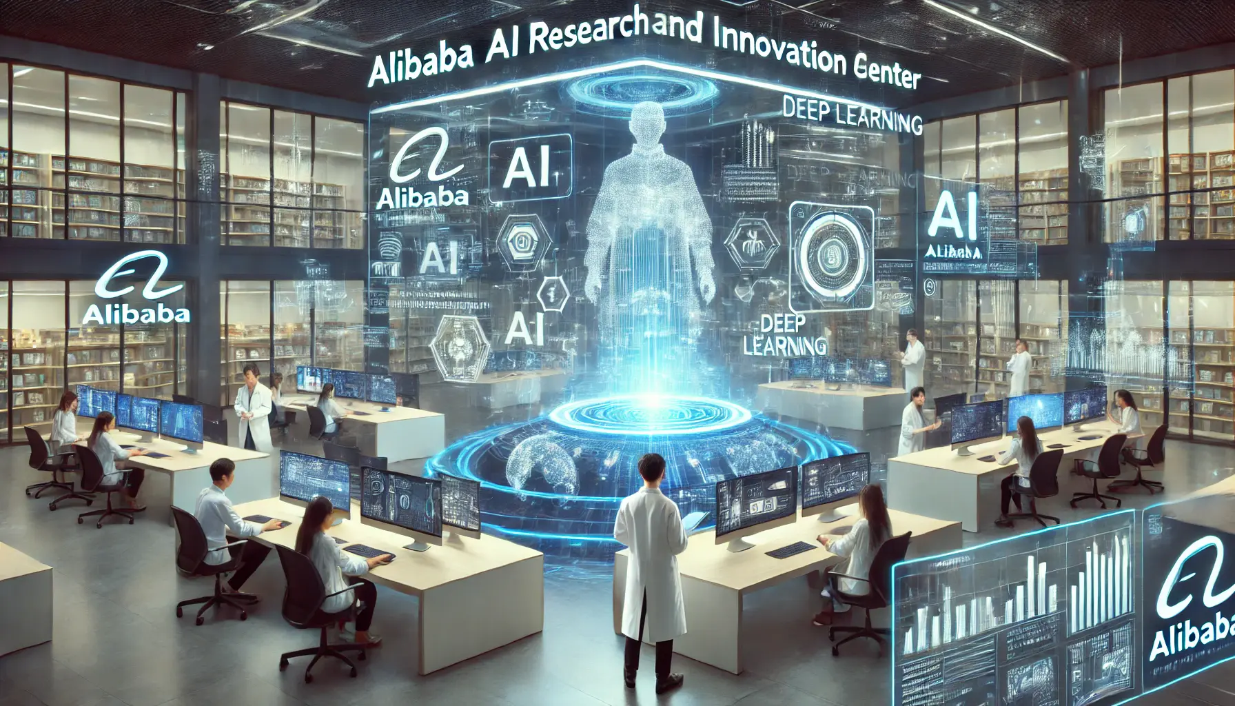 A futuristic Alibaba AI research center with data scientists analyzing AI-driven business strategies and holographic displays showcasing deep learning optimizations.