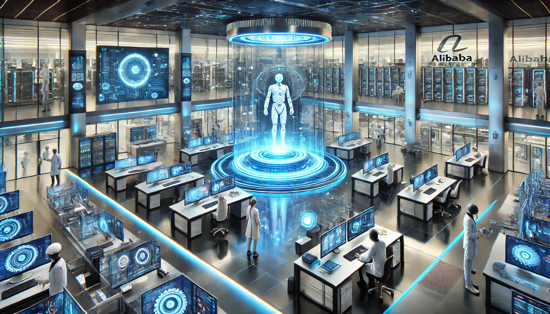 A high-tech research facility with AI-driven systems, holographic interfaces, and engineers working on advanced AI technology.