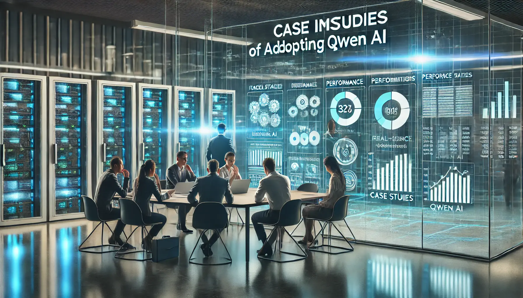 A modern business environment where professionals analyze case studies of Qwen adoption and its cost implications using holographic displays.