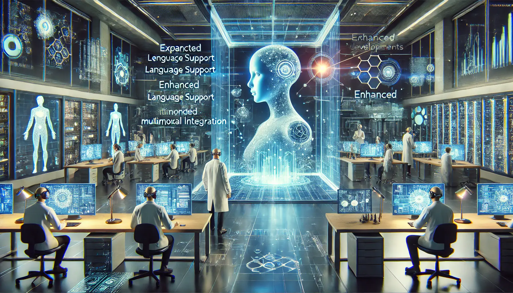 A futuristic research lab where engineers and scientists work on enhancing AI models like Qwen, with holographic displays illustrating AI developments and improvements.