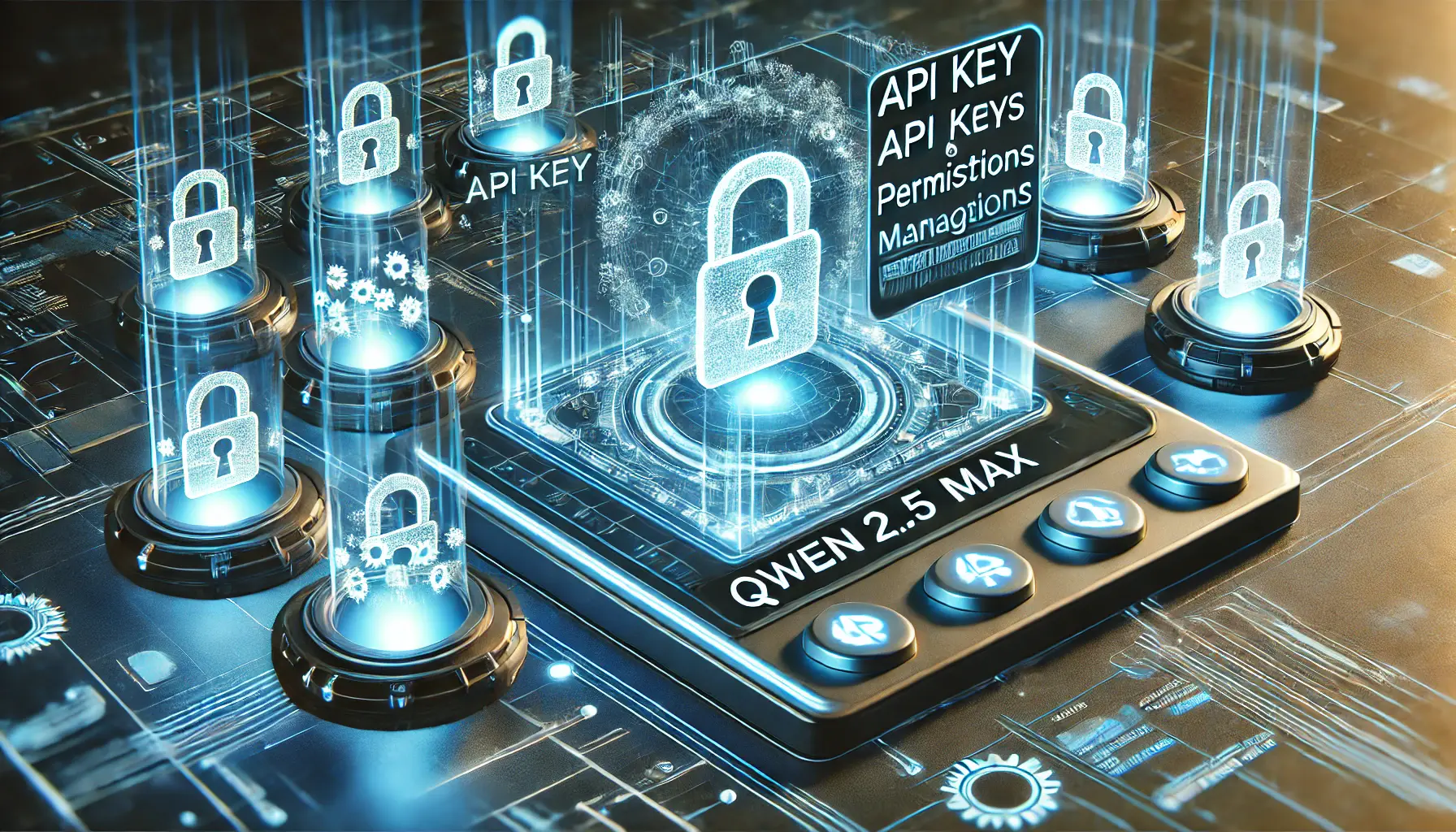 A futuristic digital environment showcasing API keys and permissions management with secure data access controls.