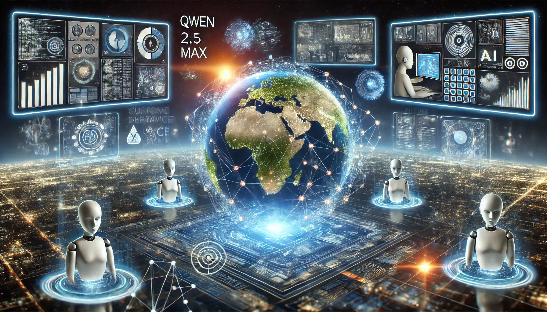 A digital representation of the applications and future developments of Qwen 2.5 Max, showcasing AI at work in content creation, customer service, data analysis, and coding, with future advancements depicted in the background.