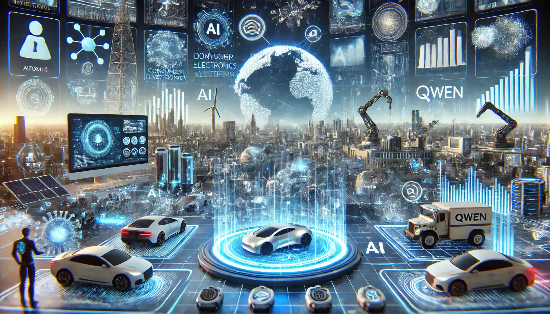 A futuristic digital landscape showcasing the diverse applications of Qwen across multiple industries such as consumer electronics, automotive, gaming, and scientific research.