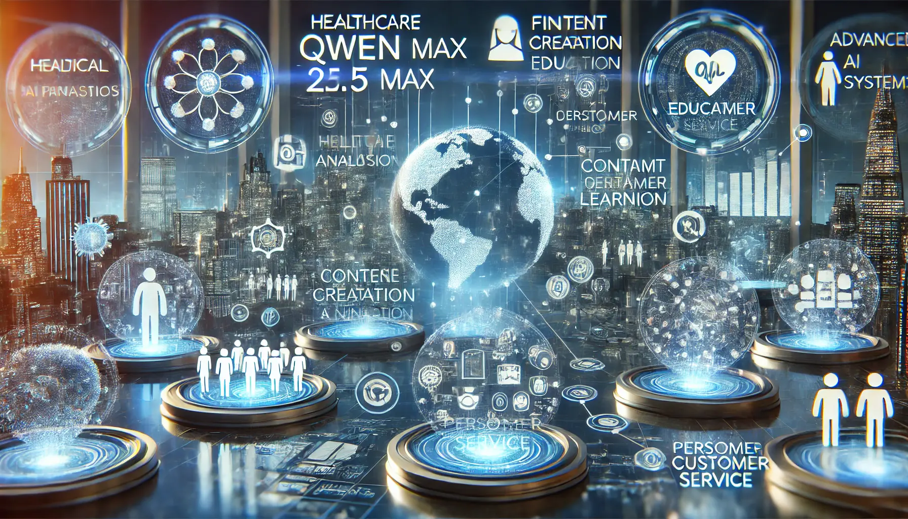 A futuristic visualization of various industries impacted by Qwen 2.5 Max, including healthcare, finance, content creation, education, and customer service.