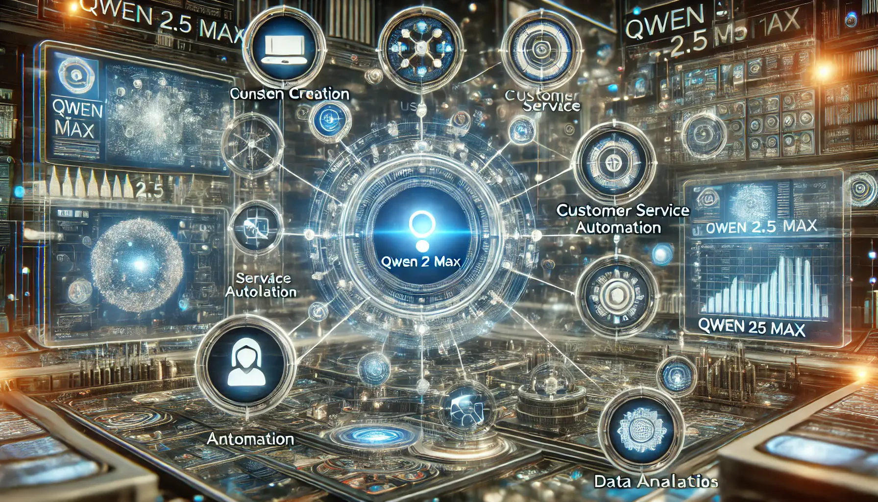 A digital scene showcasing various use cases of Qwen 2.5 Max, including content creation, customer service, and data analysis, with holographic interfaces.