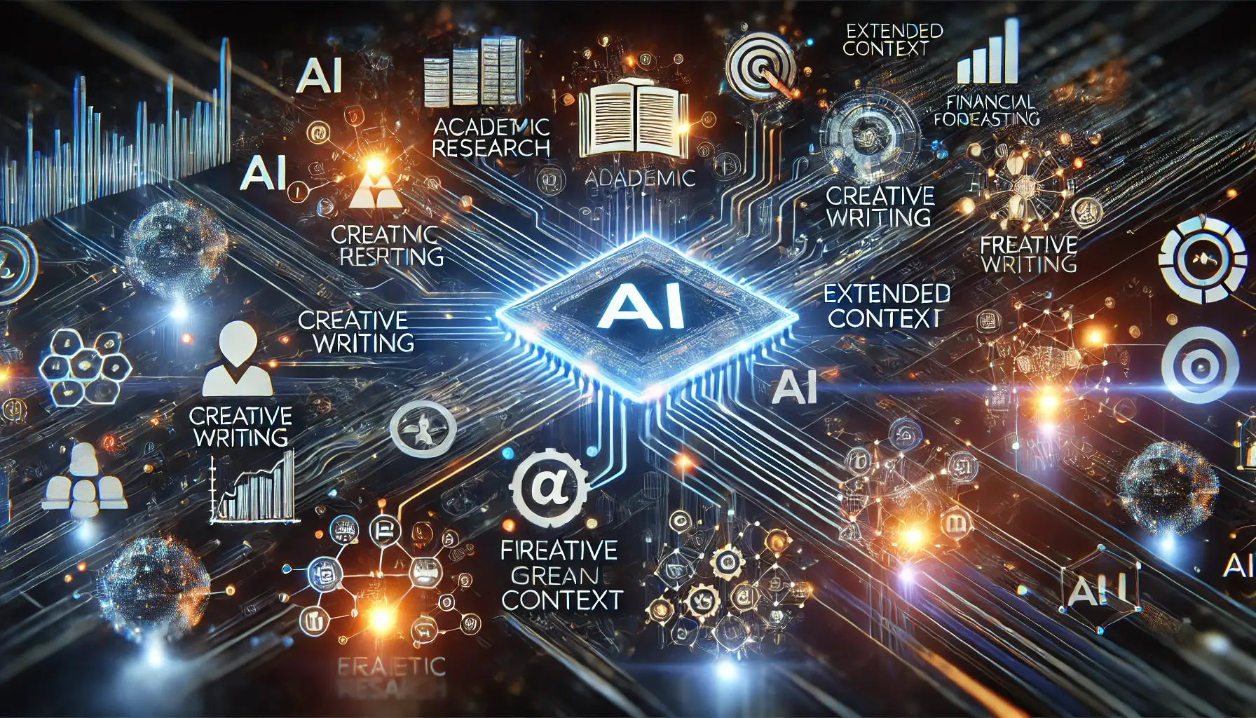 A digital representation of AI applications in academic research, creative writing, and financial forecasting, with glowing data streams and interconnected layers.