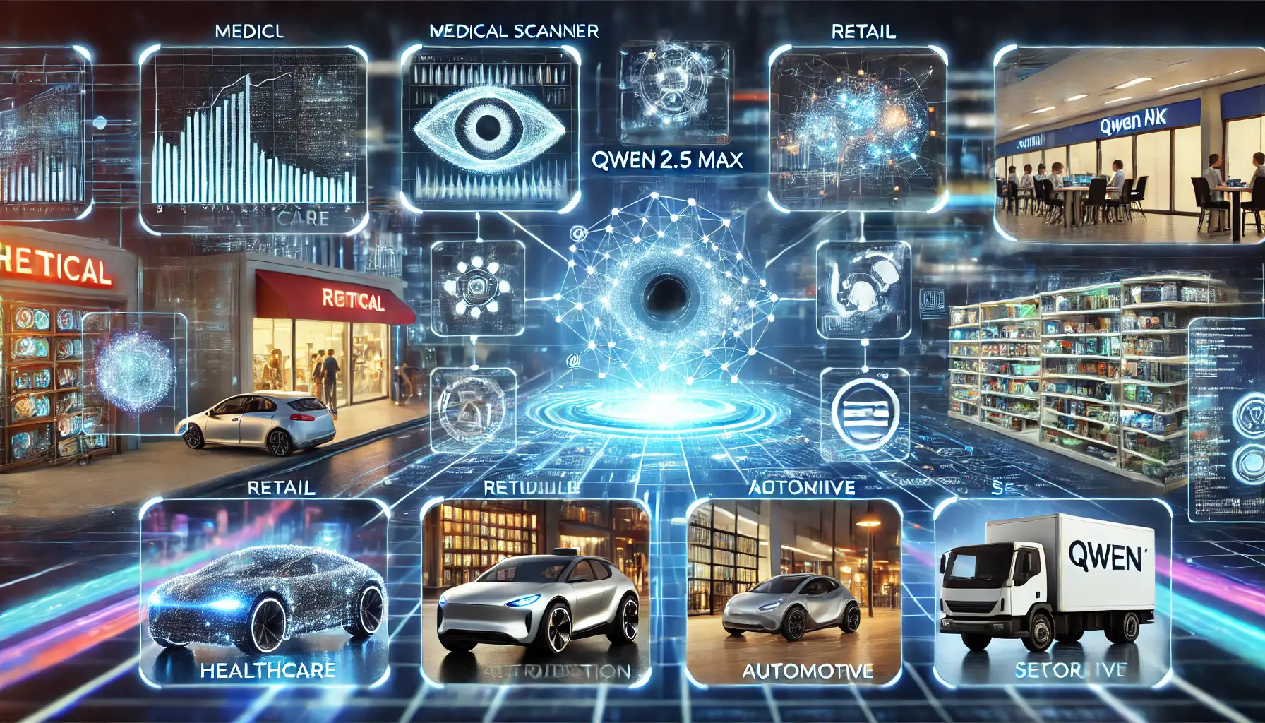 A futuristic representation of Qwen 2.5 Max applications in healthcare, retail, automotive, and security, with AI interfaces and real-time data streams.