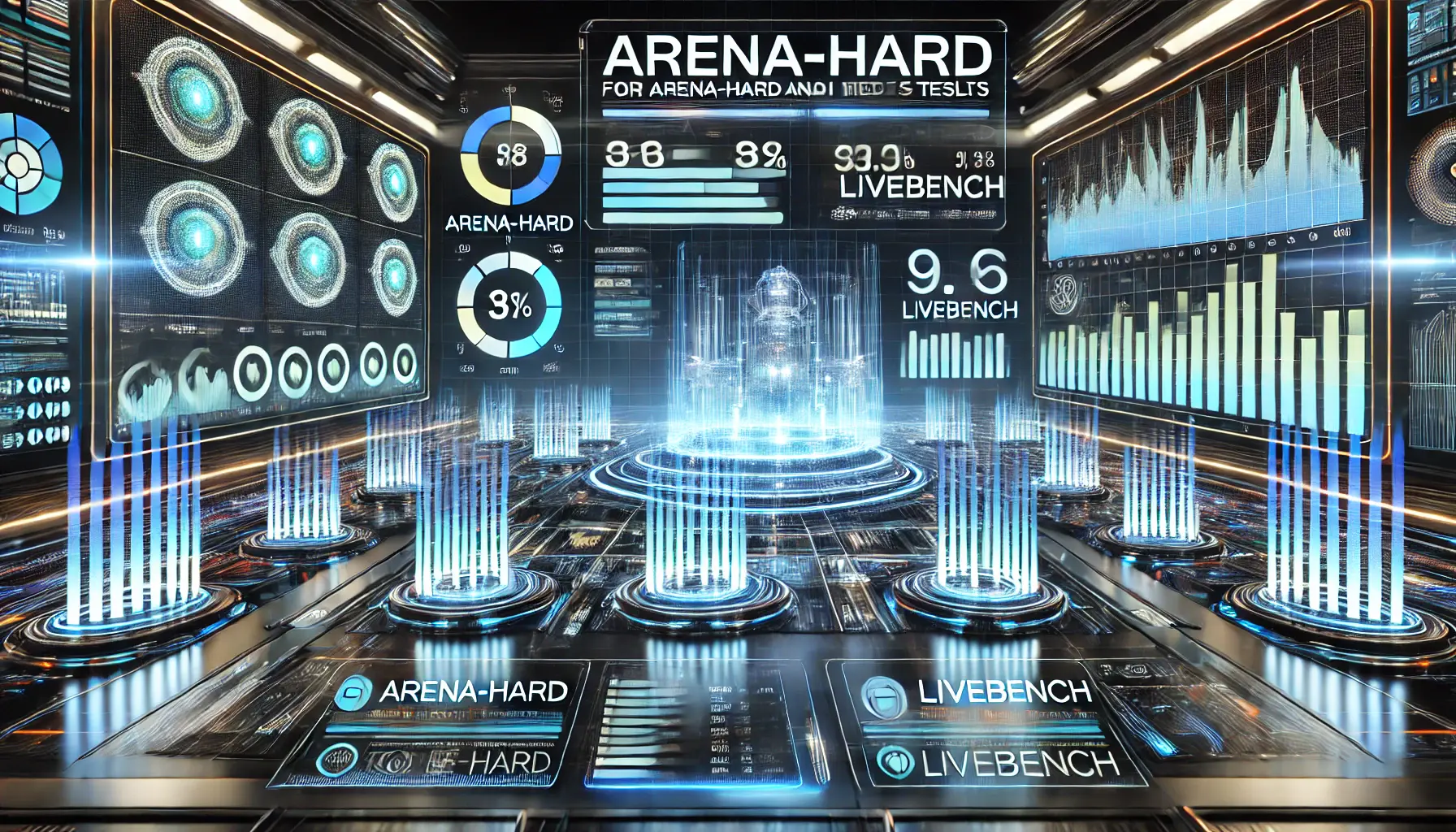 A high-tech digital interface displaying holographic graphs, bars, and indicators for AI performance test results.