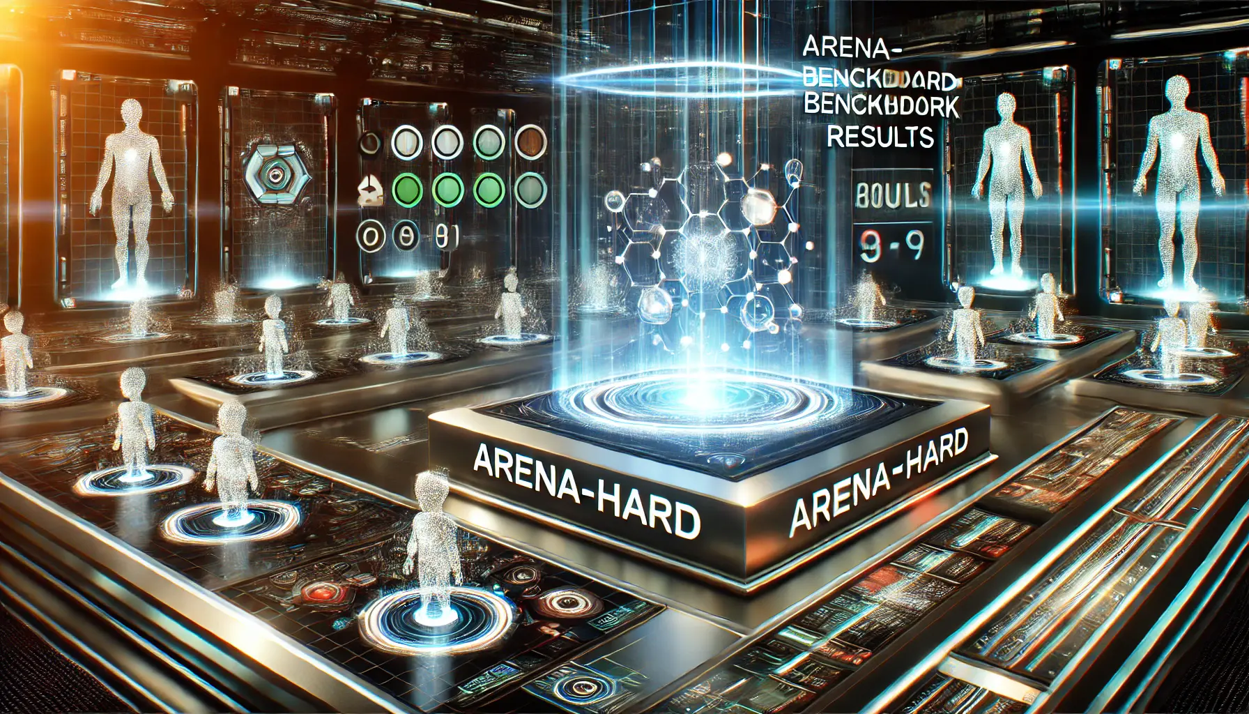 A digital representation of the Arena-Hard benchmark results, showcasing AI systems interacting and processing data in a high-tech virtual arena.