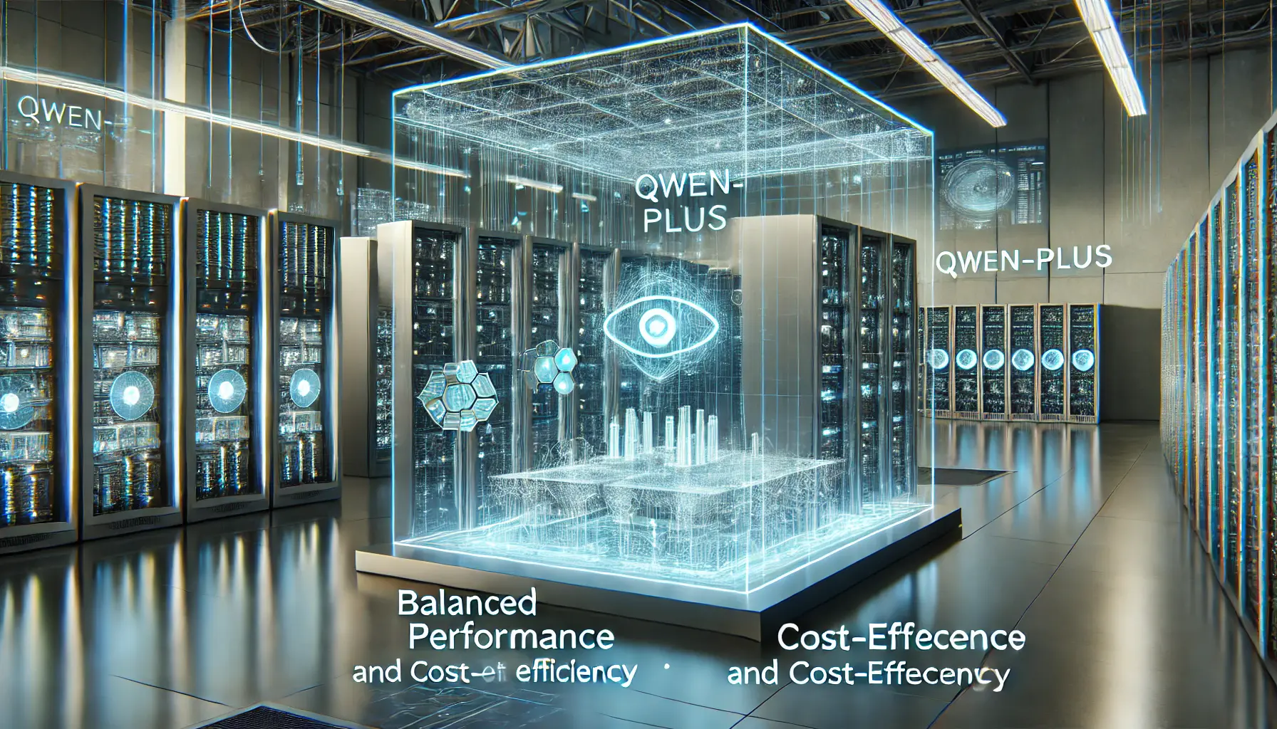 A modern AI environment showcasing the capabilities of the Qwen-Plus model with efficient data processing and holographic visualizations.