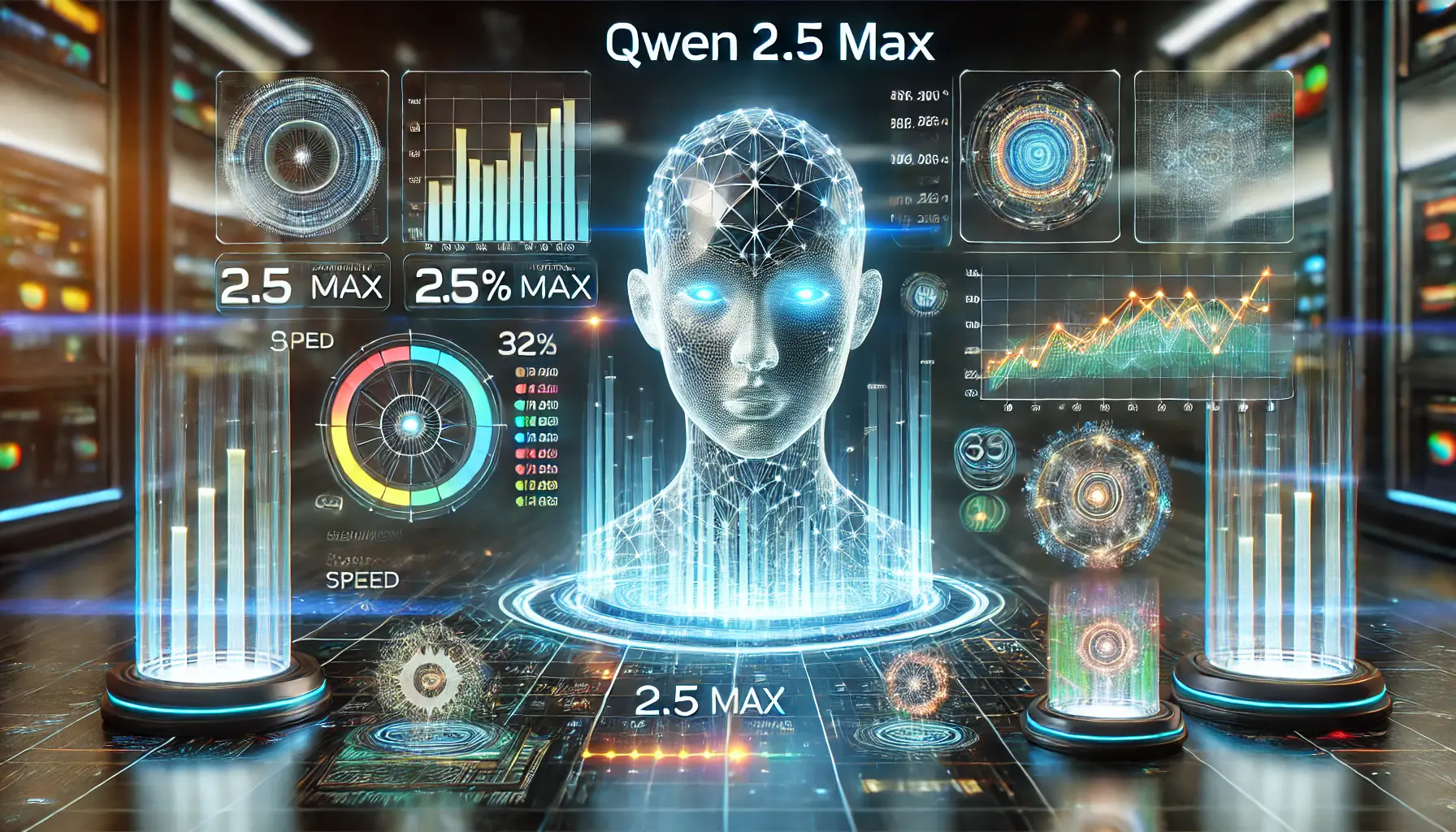 A high-tech AI performance comparison, with holographic displays showing Qwen 2.5 Max’s superior performance metrics in comparison to other AI models.