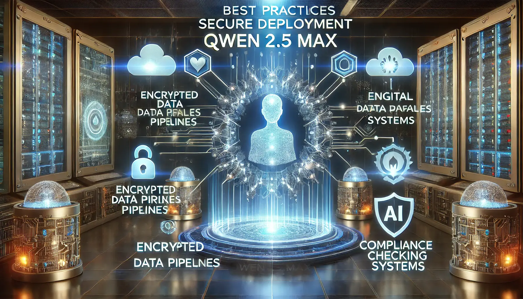 A futuristic digital environment illustrating best practices for secure deployment, with AI models, encrypted data pipelines, and firewalls.